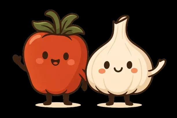 Eine Tomate und ein Knoblauch winken.